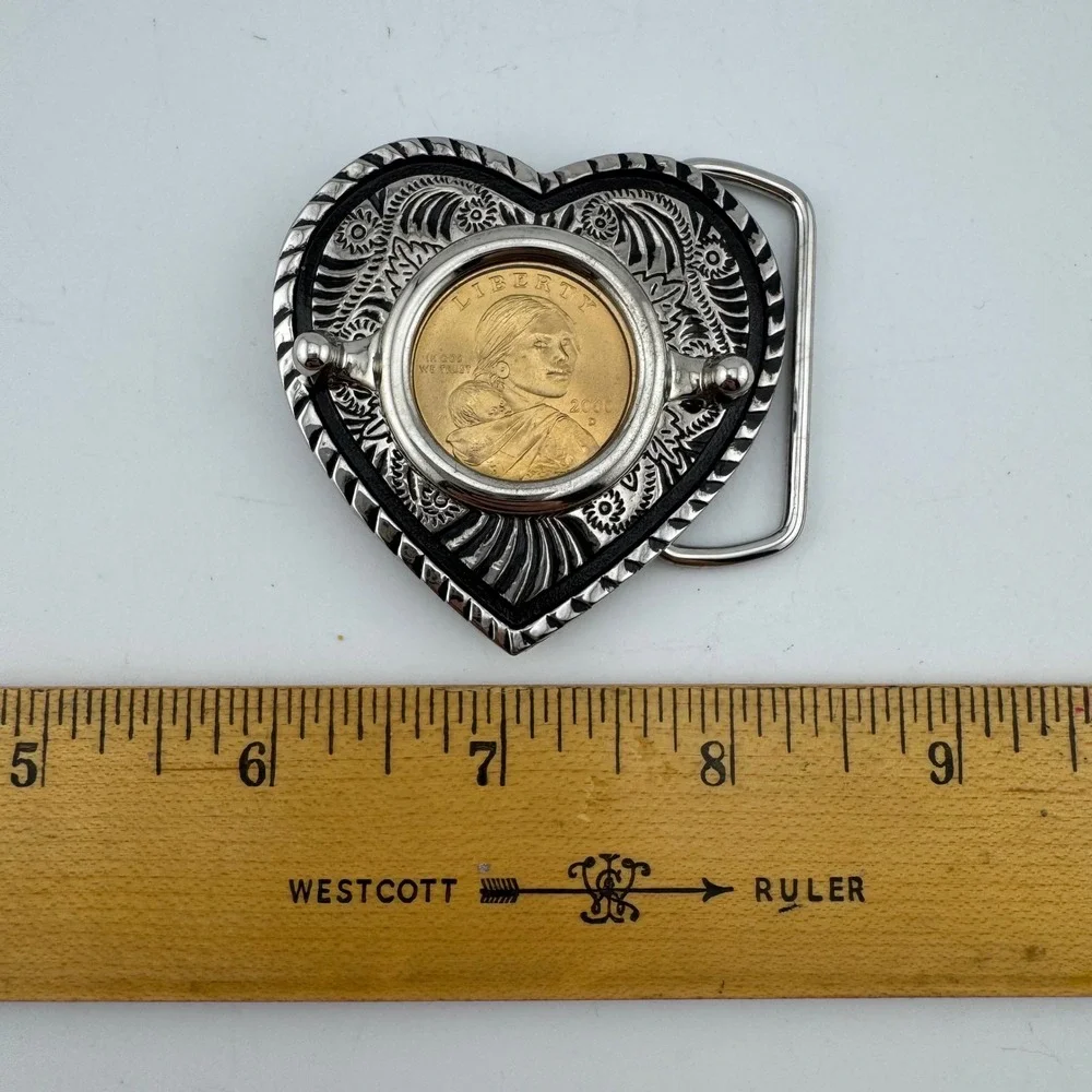Belt Buckle Silver Tone Heart Sacagawea Coin Western Scroll Excellent